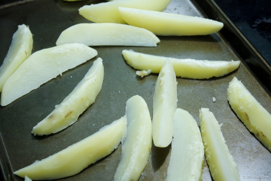Six minutes max for the potatoes. You want fluffy edges that crisp up in the oil.
